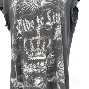 Rock & Republic Ride to Live T Shirt Embelled Sequin Studs Gray Sz XL
